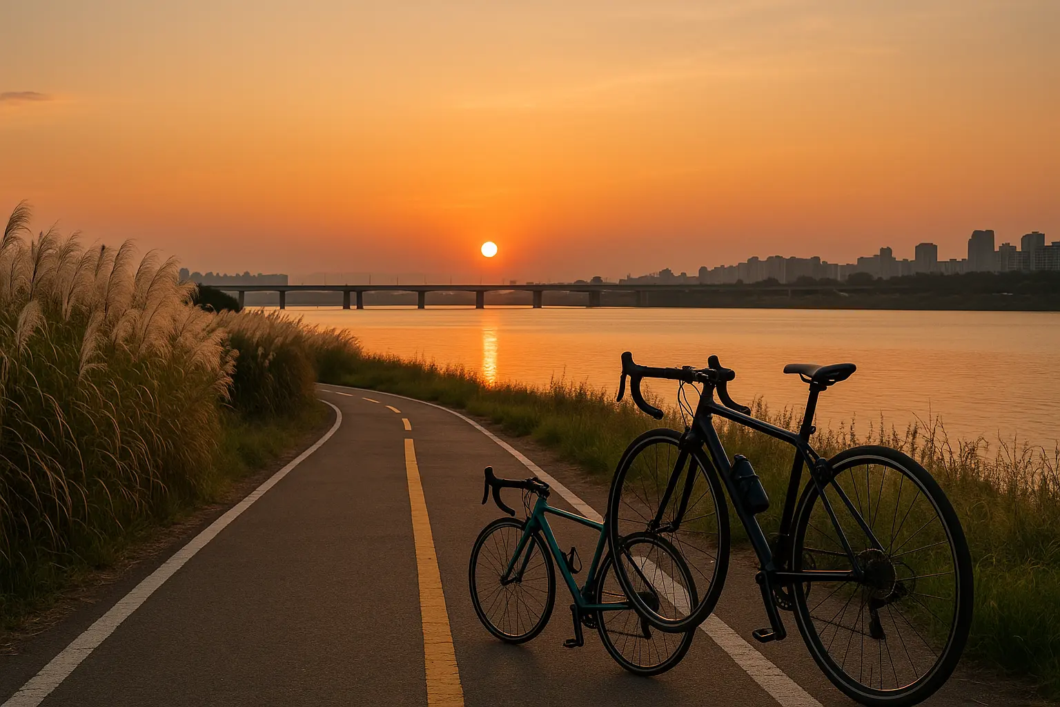 Bikes beside silver grass and river scenery near Nanji