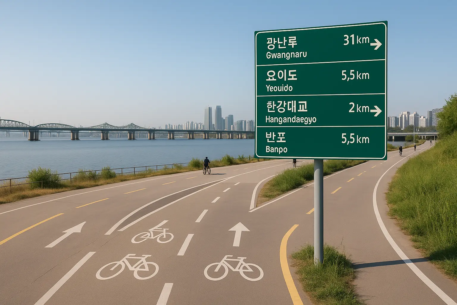 Han River cycling signs beside a wide riverside junction