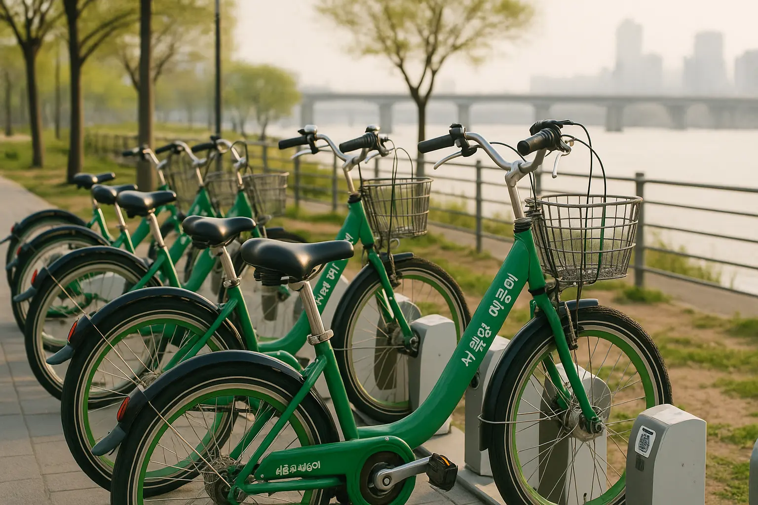 Green Seoul public bikes lined up at a riverside rental station