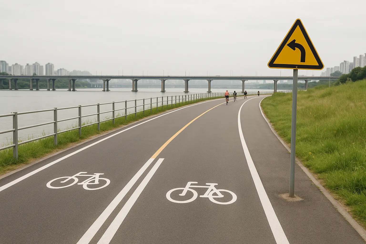 Marked lanes and safety signs on a Han River bicycle path