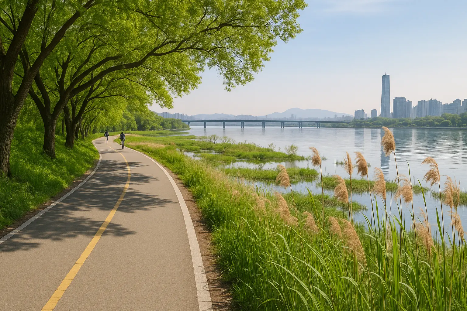 Cycling path beside reeds in Saetgang Ecological Park