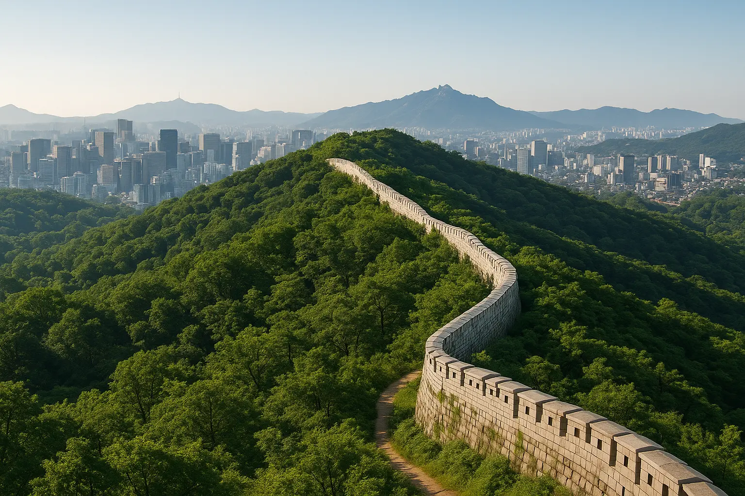 Bugaksan ridge and stone wall overlooking central Seoul