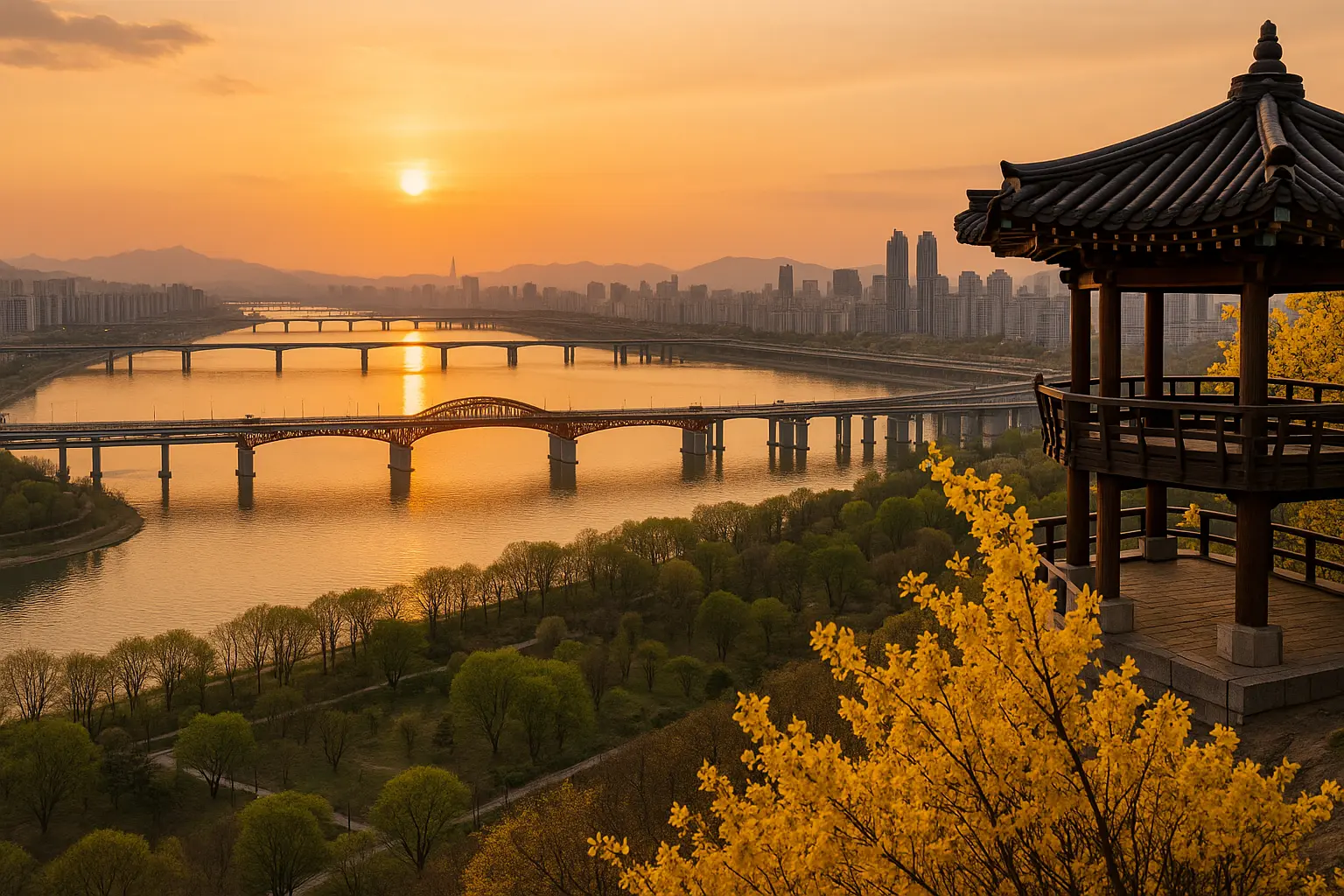 Eungbongsan pavilion overlooking bridges and the Han River