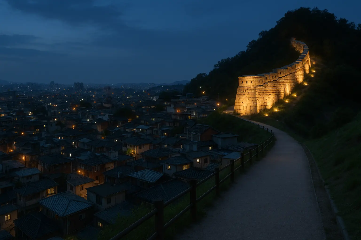 Illuminated Seoul City Wall crossing Naksan at dusk