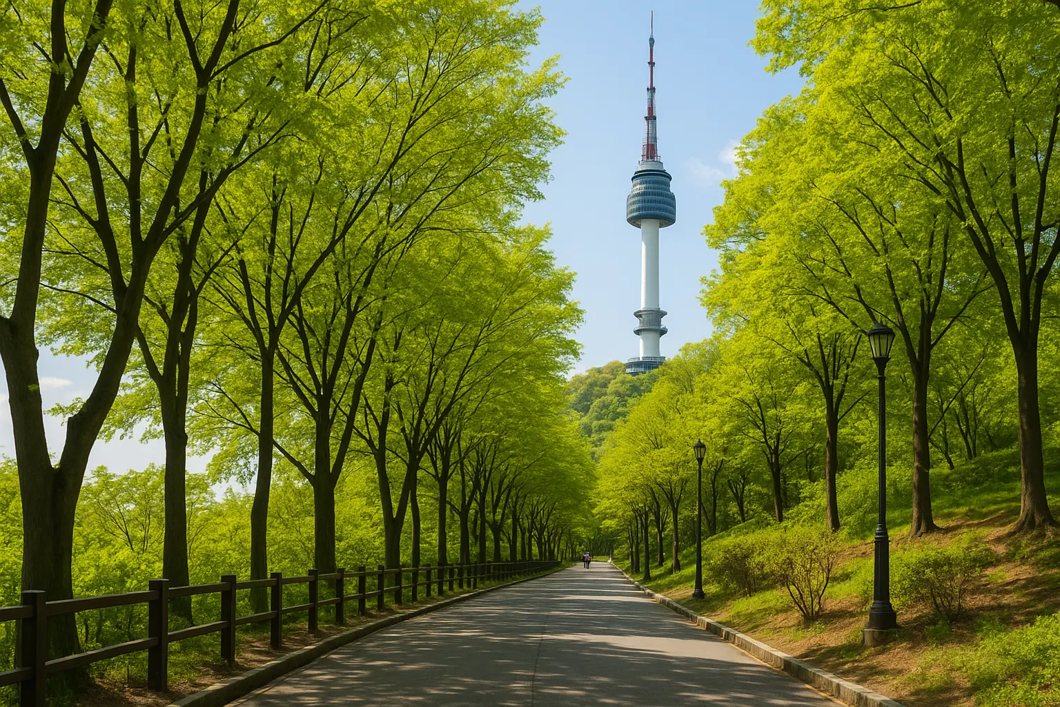 Tree-lined Namsan path with N Seoul Tower above