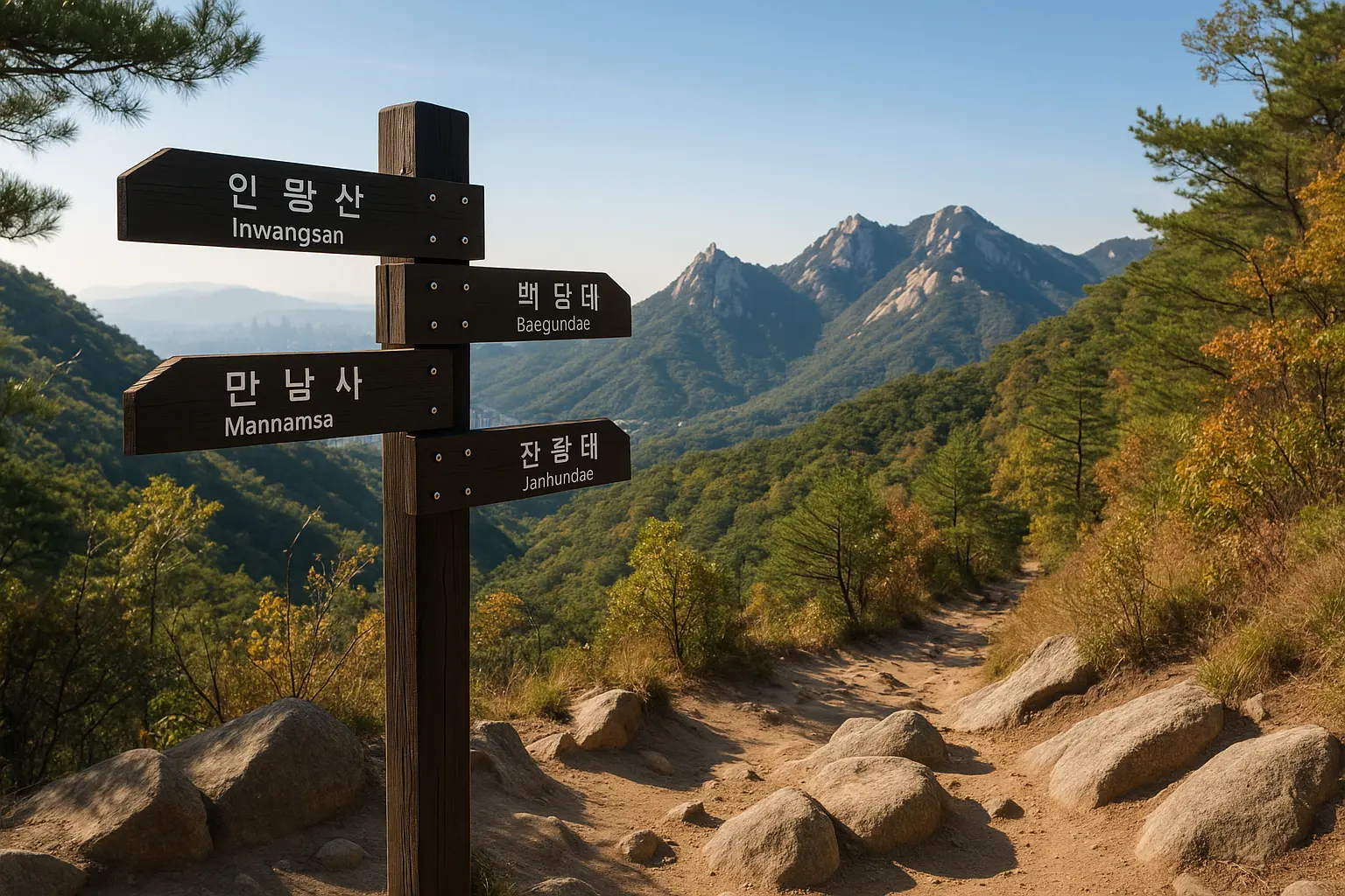 Trail signs pointing toward different Seoul mountain routes