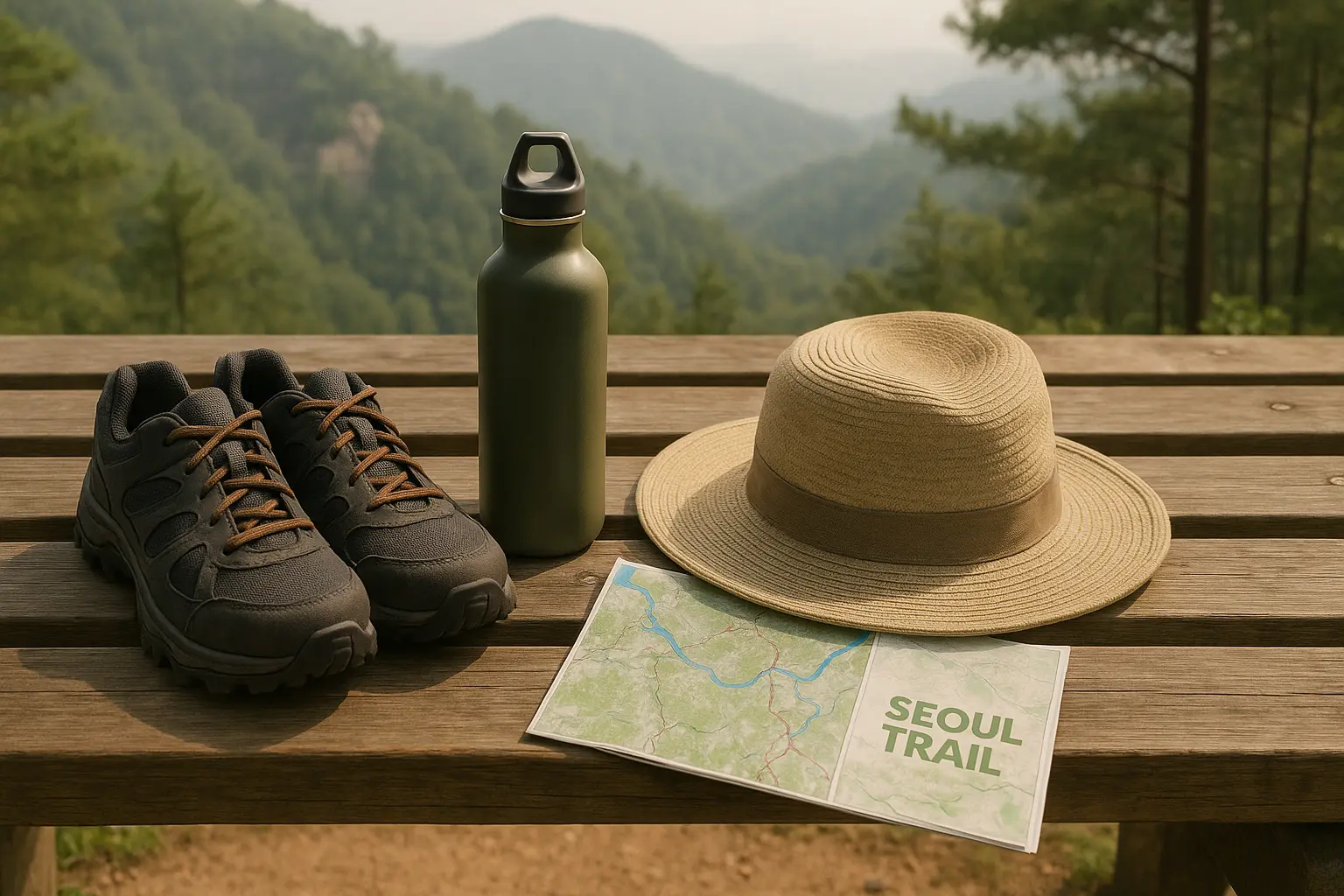 Hiking shoes, water and a trail map prepared on a wooden bench
