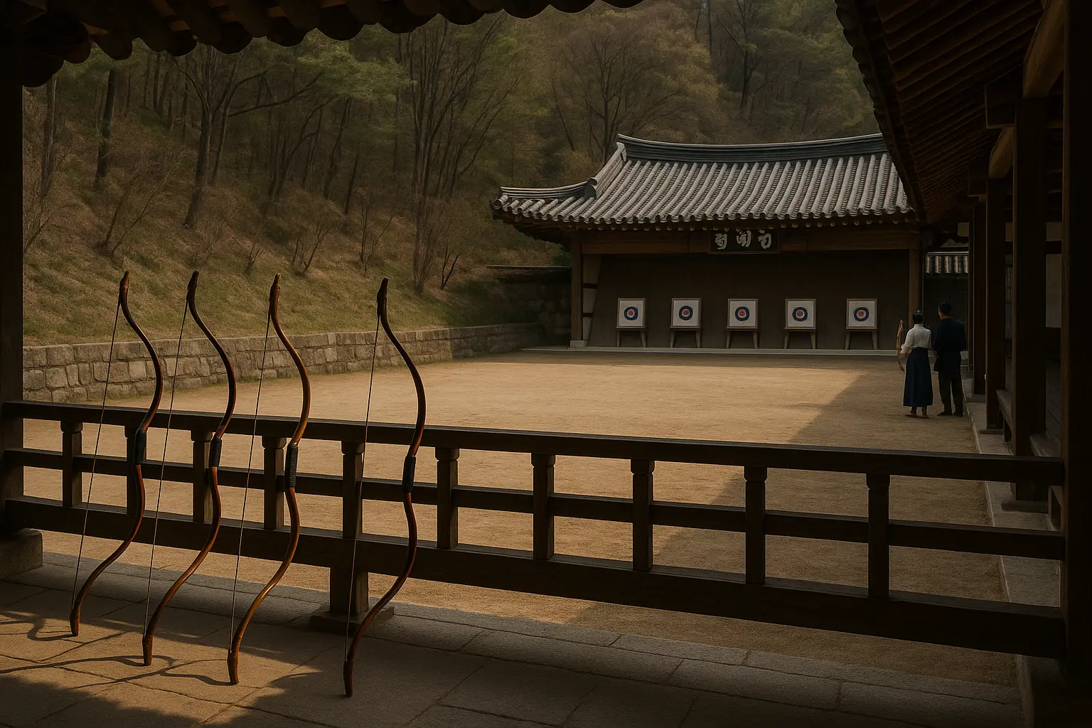 Traditional Korean archery range beneath a wooded Seoul hill