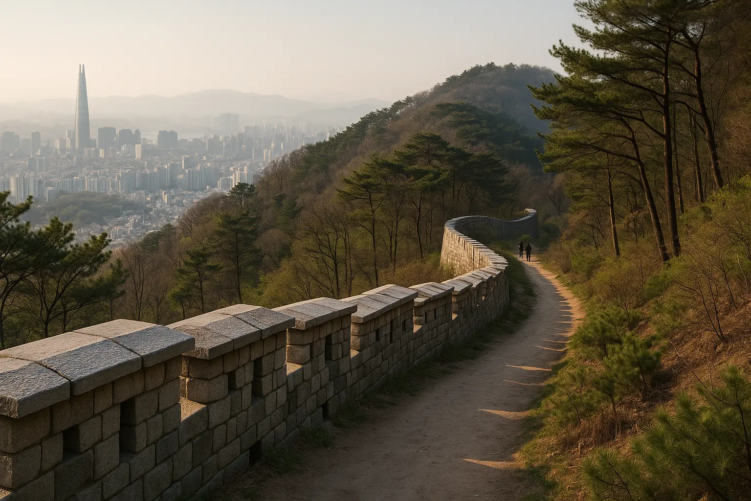 Walkers following Hanyangdoseong across a green ridge