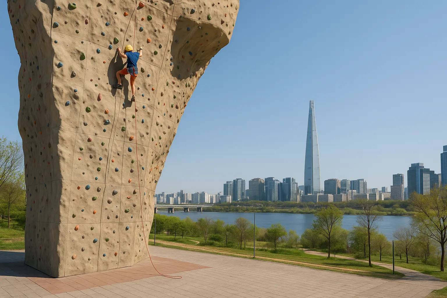 Climber practicing on an outdoor artificial wall in Seoul