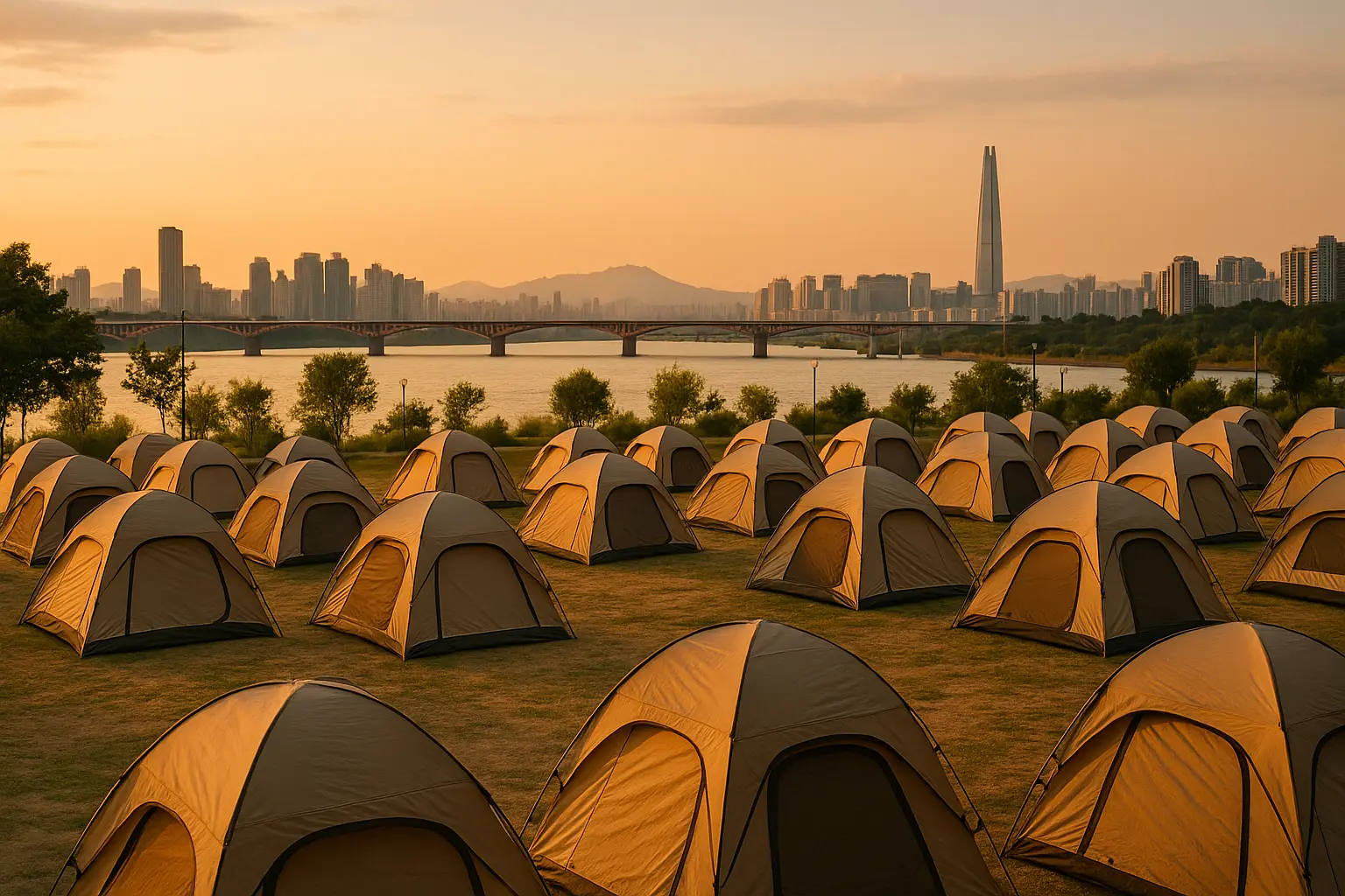 Tents at Nanji campground with Seoul skyline in the distance