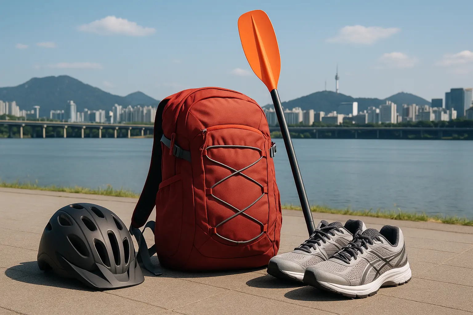Outdoor equipment representing several Seoul activities beside the river