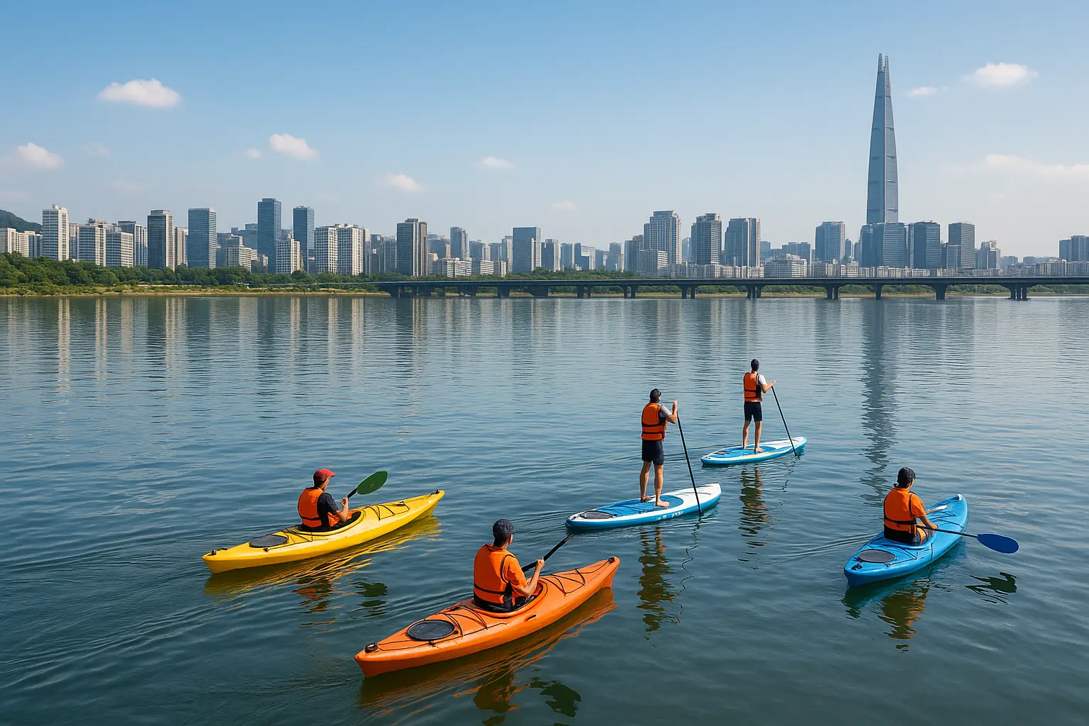 Kayaks and stand-up paddleboards on the Han River at Ttukseom