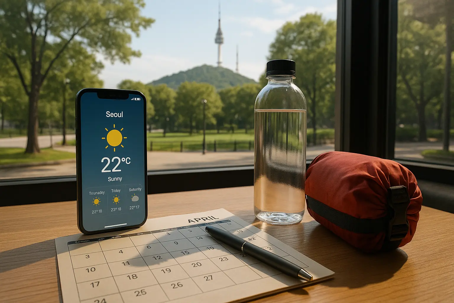 Phone calendar, weather screen and compact outdoor gear ready for a Seoul trip