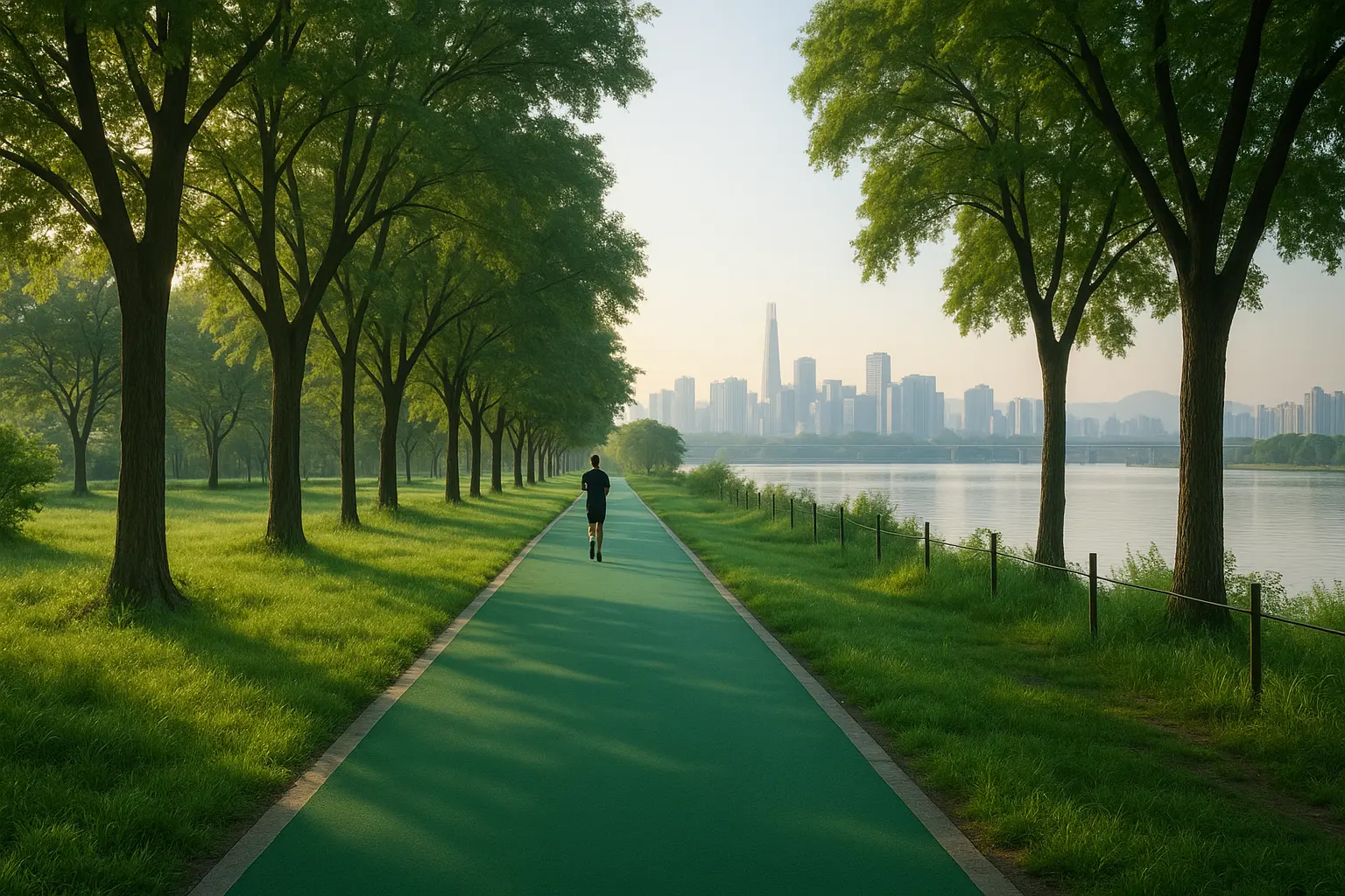 Runner on a green path connecting Seoul Forest and the river