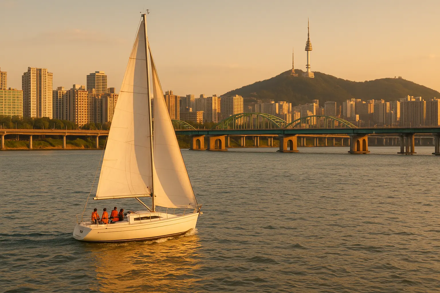 Small sailboat moving across the Han River beneath Seoul towers