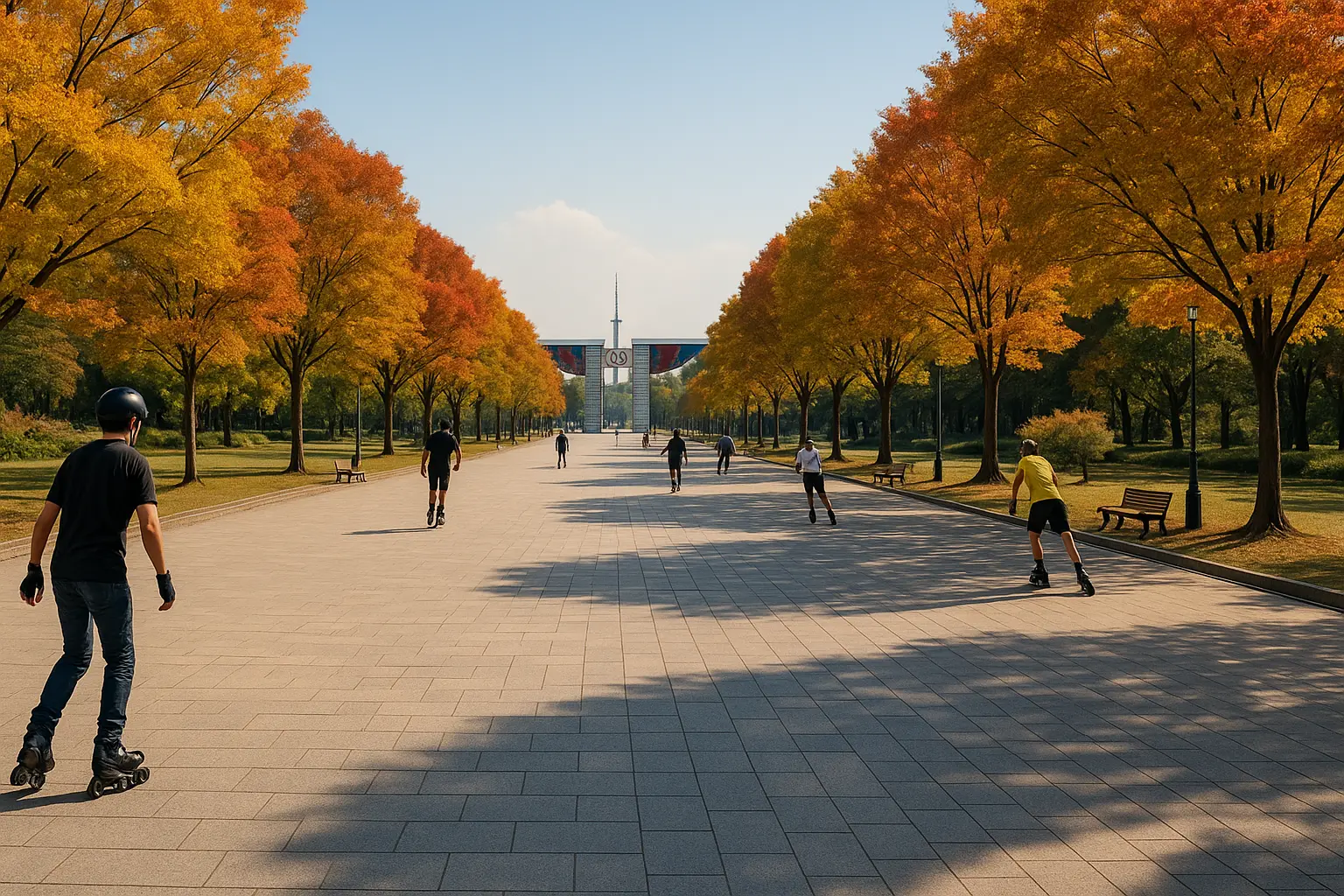 Recreational skaters crossing a broad plaza in Olympic Park