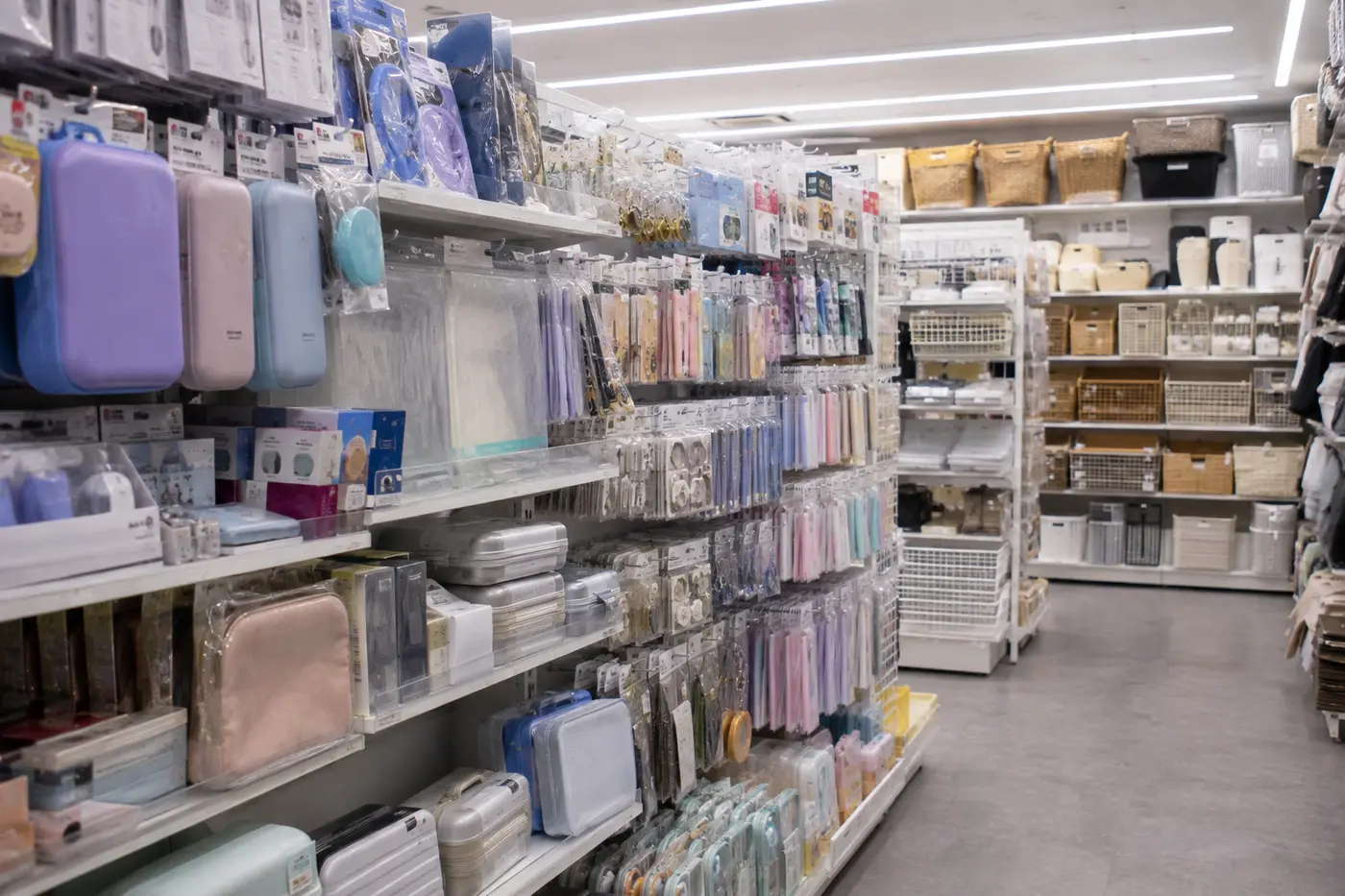 Practical travel supplies, stationery and storage goods inside a Korean Daiso