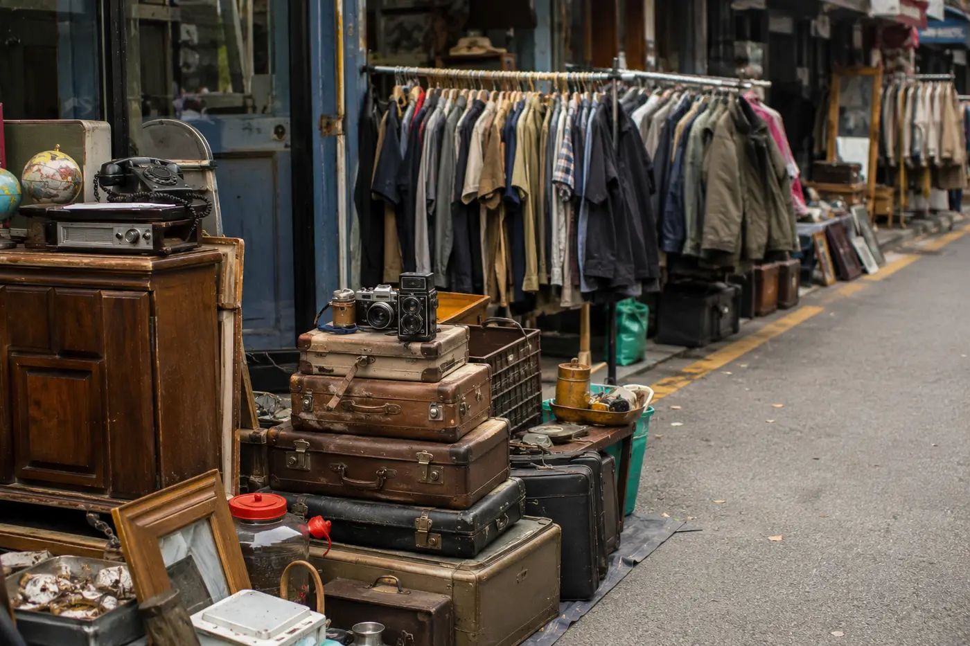 Vintage clothing racks and old objects at Dongmyo flea market in daylight