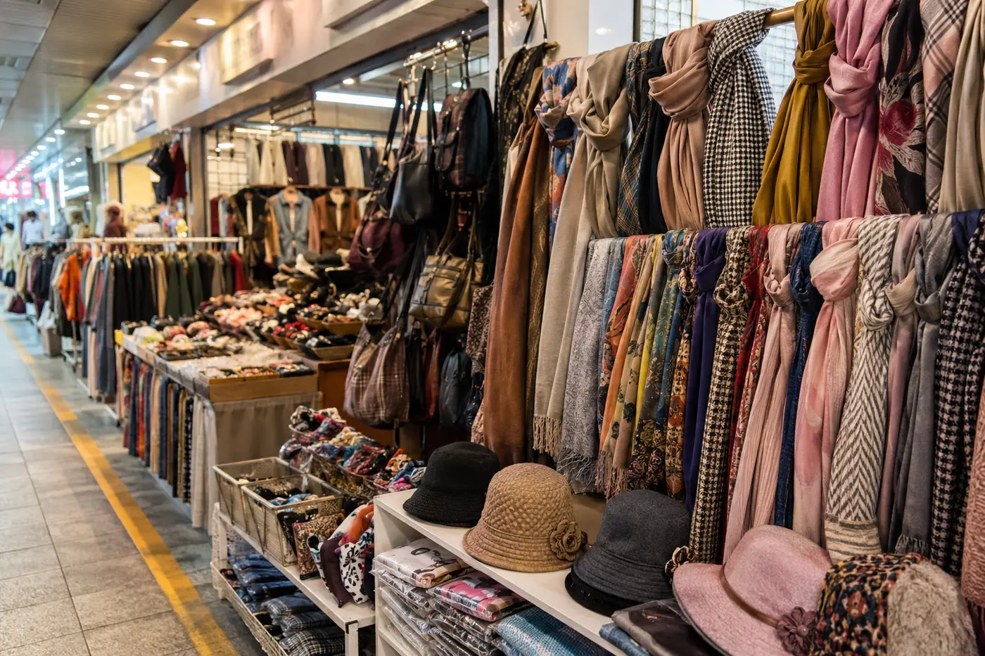 A wide view of Goto Mall clothing and accessory stalls without a central shopper