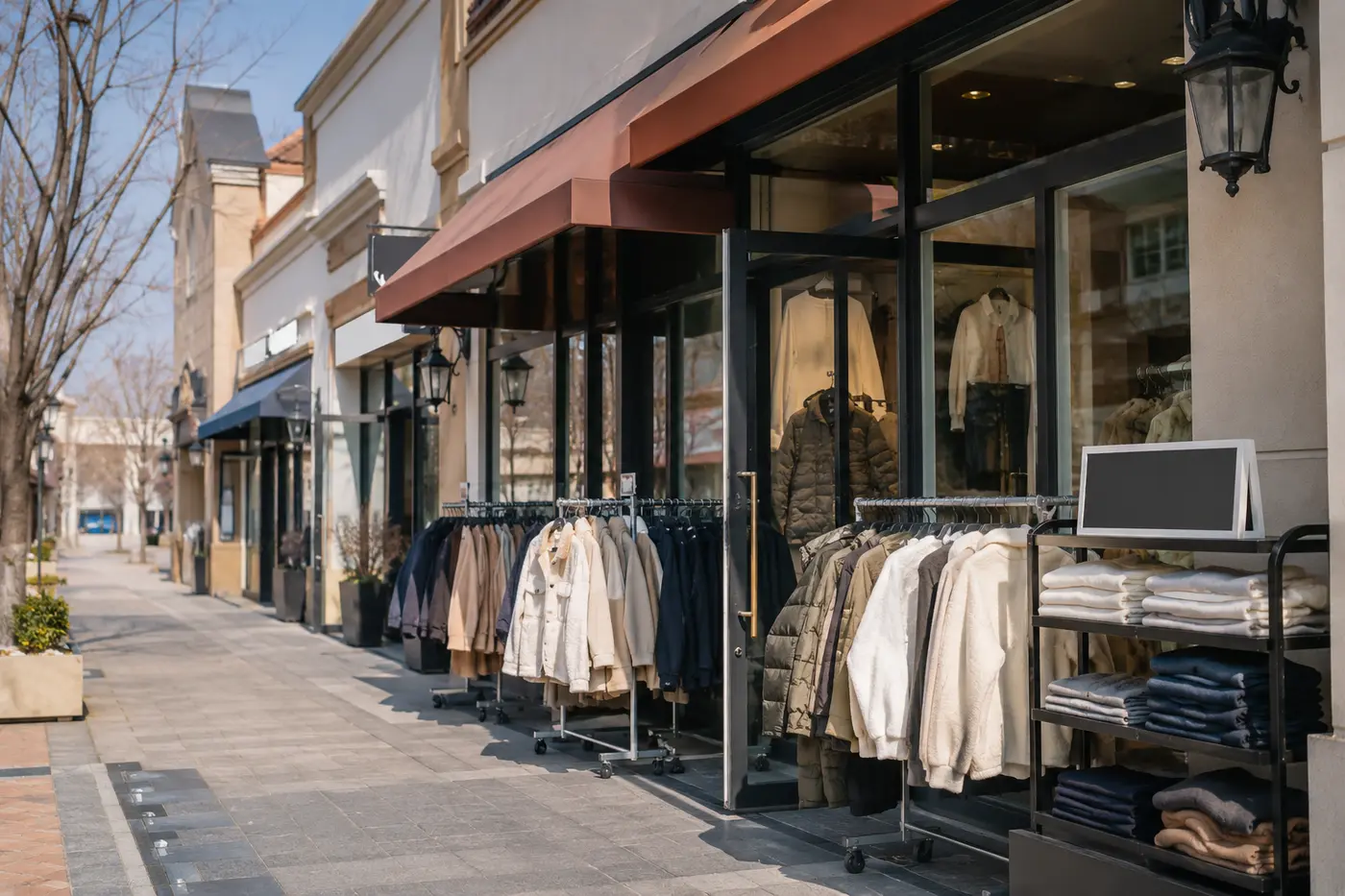 An orderly outlet shopping street with past-season fashion displays