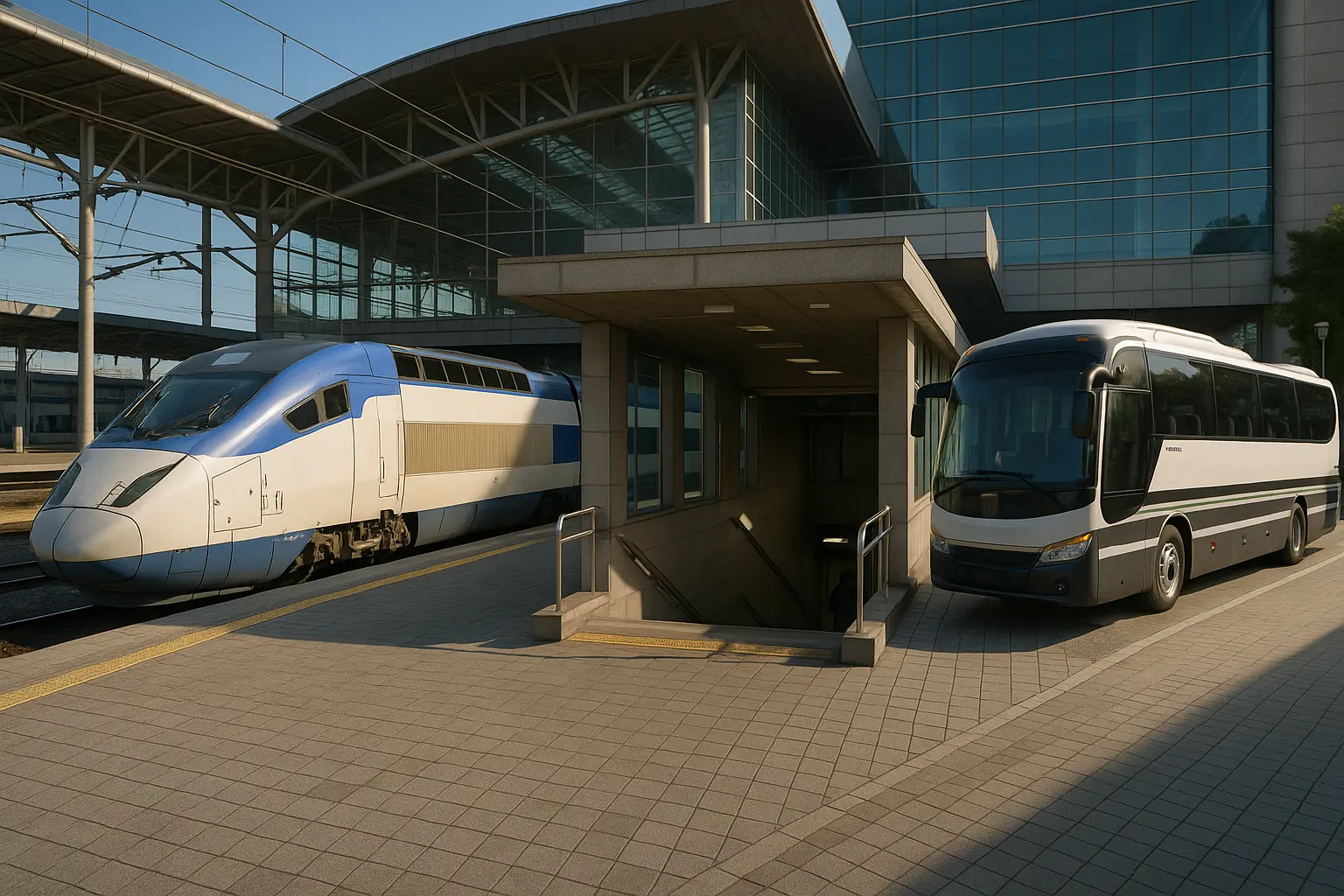 An intercity train, Seoul subway and tour bus representing car-free day trips