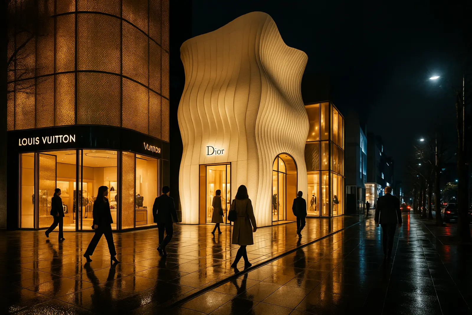 Flagship stores lit up at night on Cheongdam-dong Luxury Street