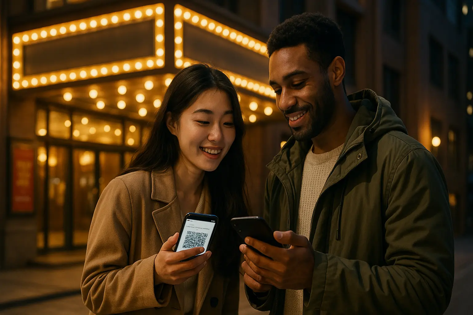 A couple comparing performance tickets on a phone in central Seoul