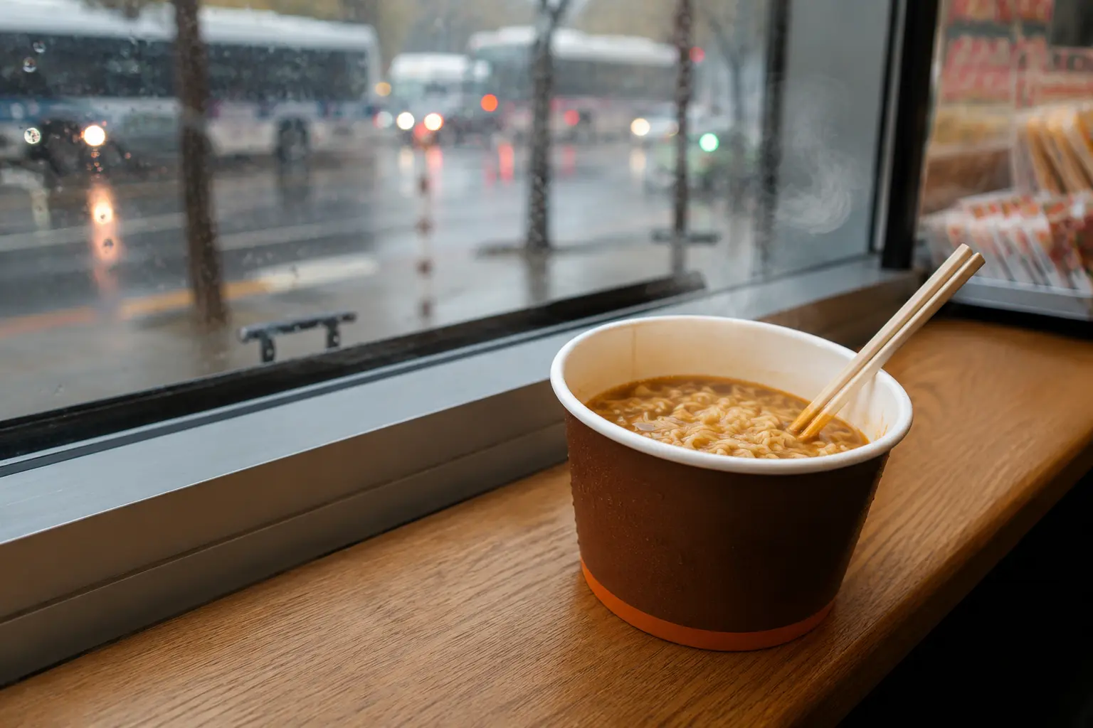 Ramyeon cup Korea yang mengepul di samping jendela toko