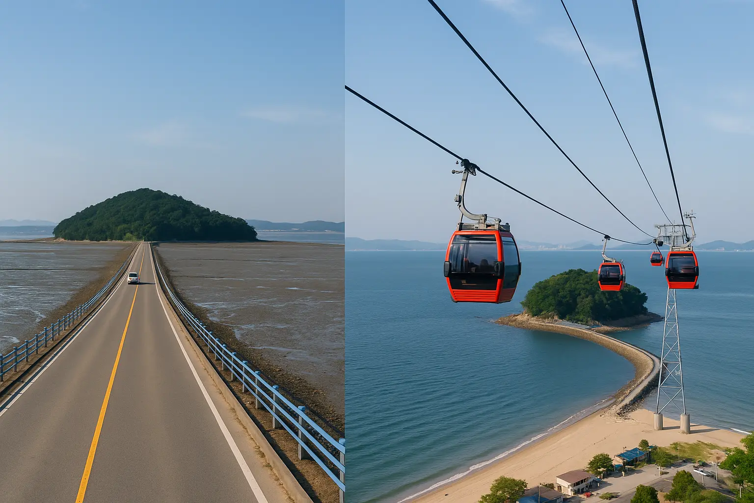 A split coastal view showing Daebudo mudflats and the Jebudo cable car