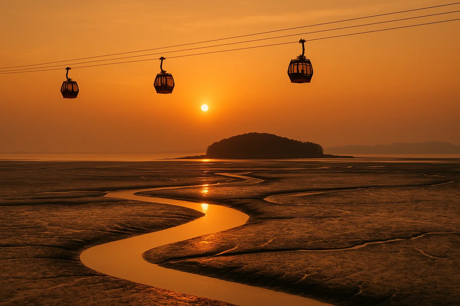 West-coast mudflat, Jebudo cable car and orange sunset