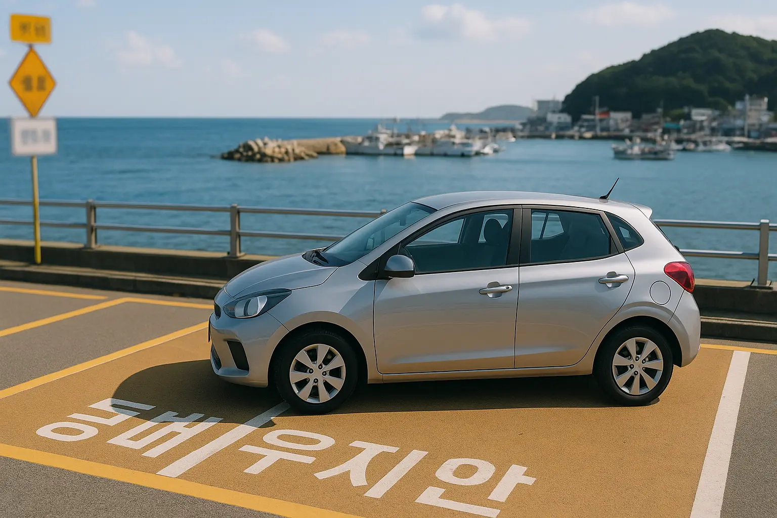 Compact car beside a marked coastal parking area with Korean road signs
