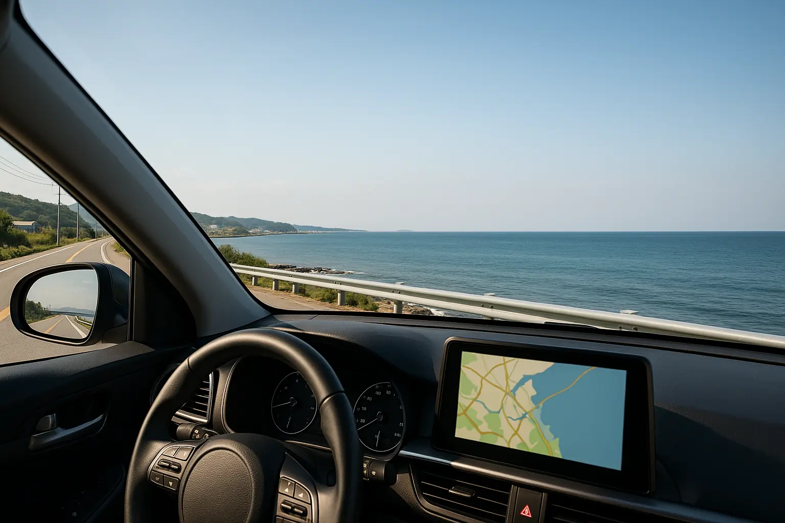 A simple road-trip scene with a Korean navigation screen and west-coast horizon