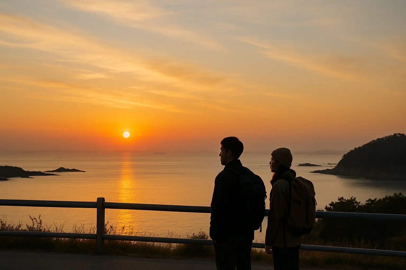 Two travelers looking across a west-coast sunset from a safe seaside viewpoint