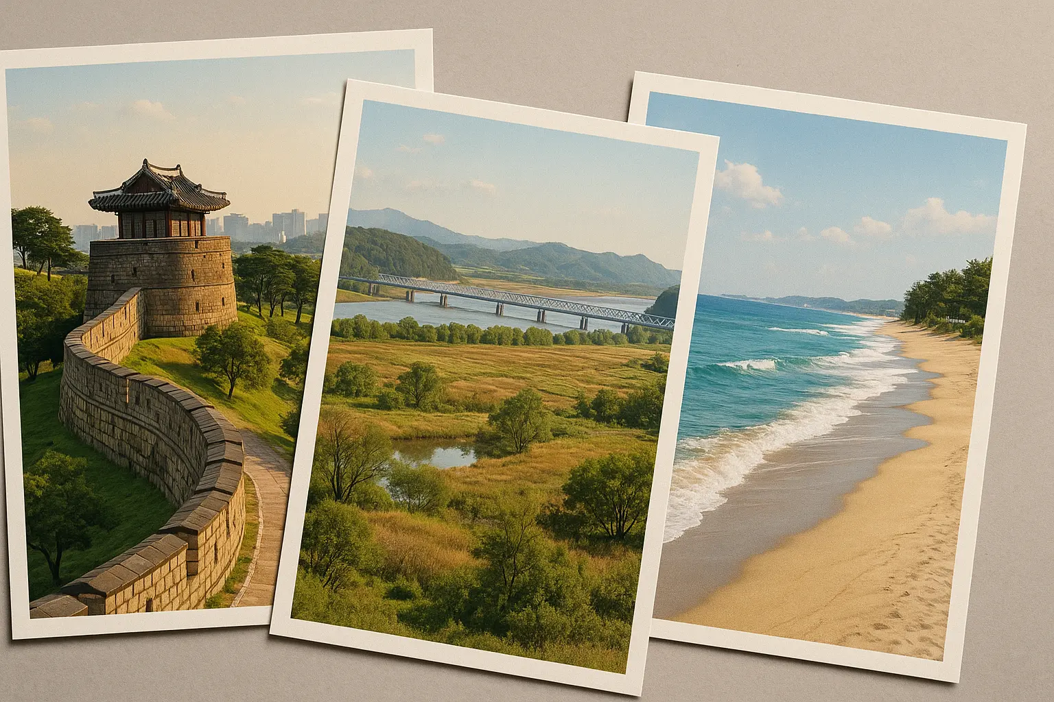 Three postcards showing Suwon walls, the DMZ and a Gangneung beach