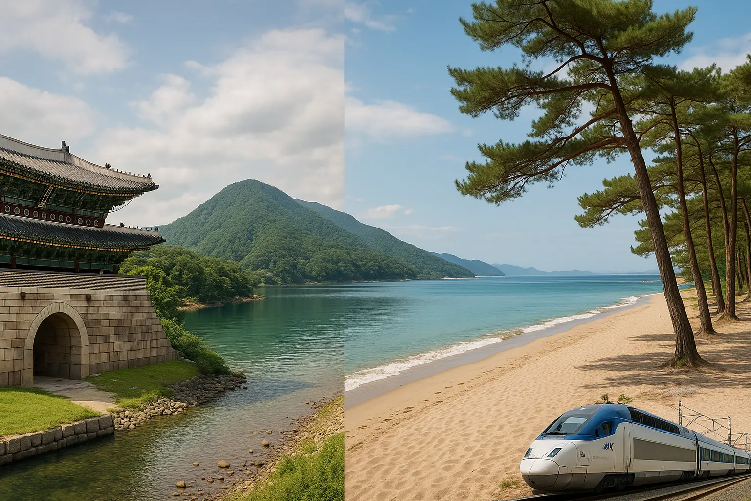 A clear visual panorama combining a Korean fortress, coast, mountain lake and train