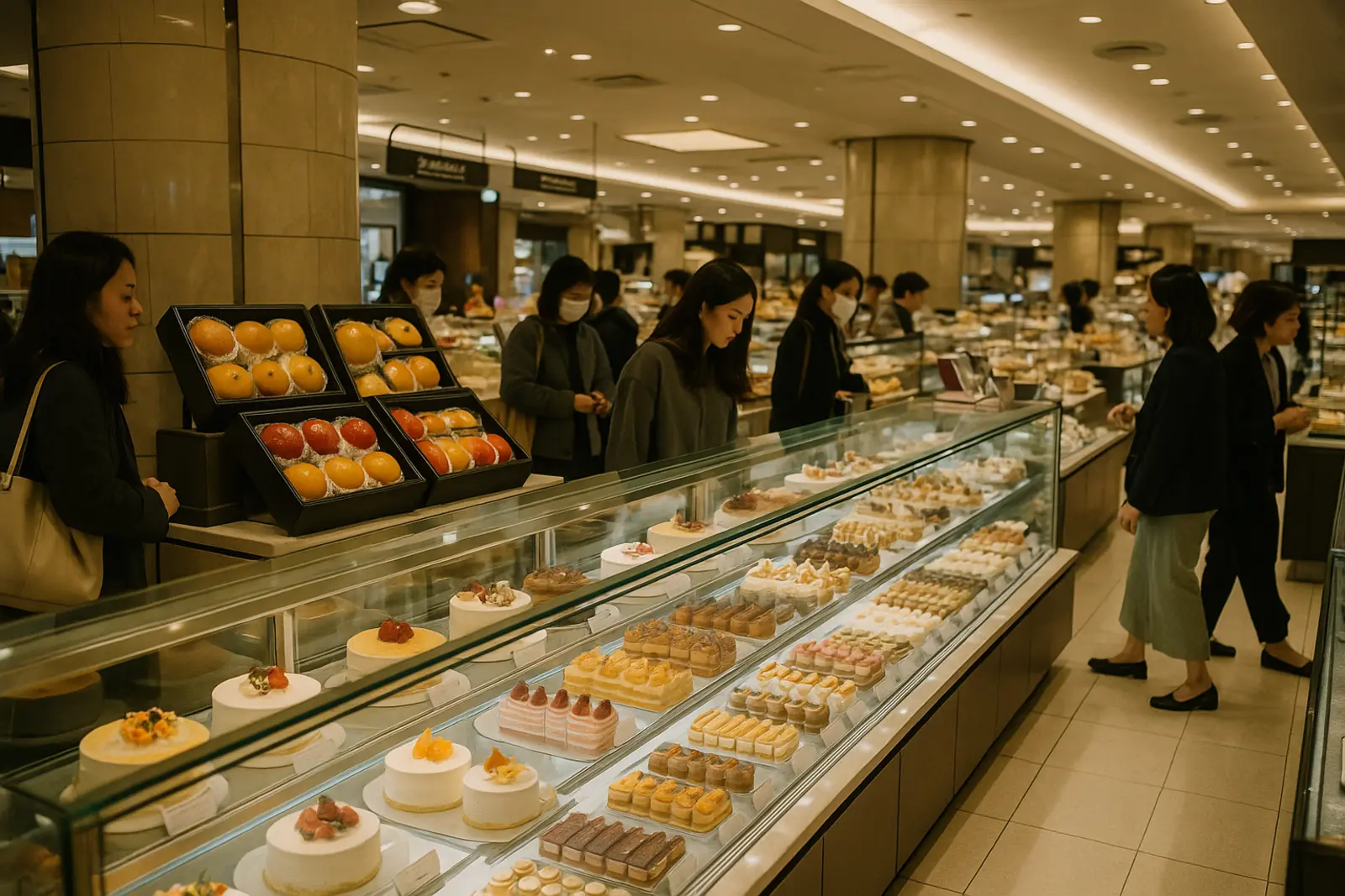 Dessert counters in a department store basement food hall