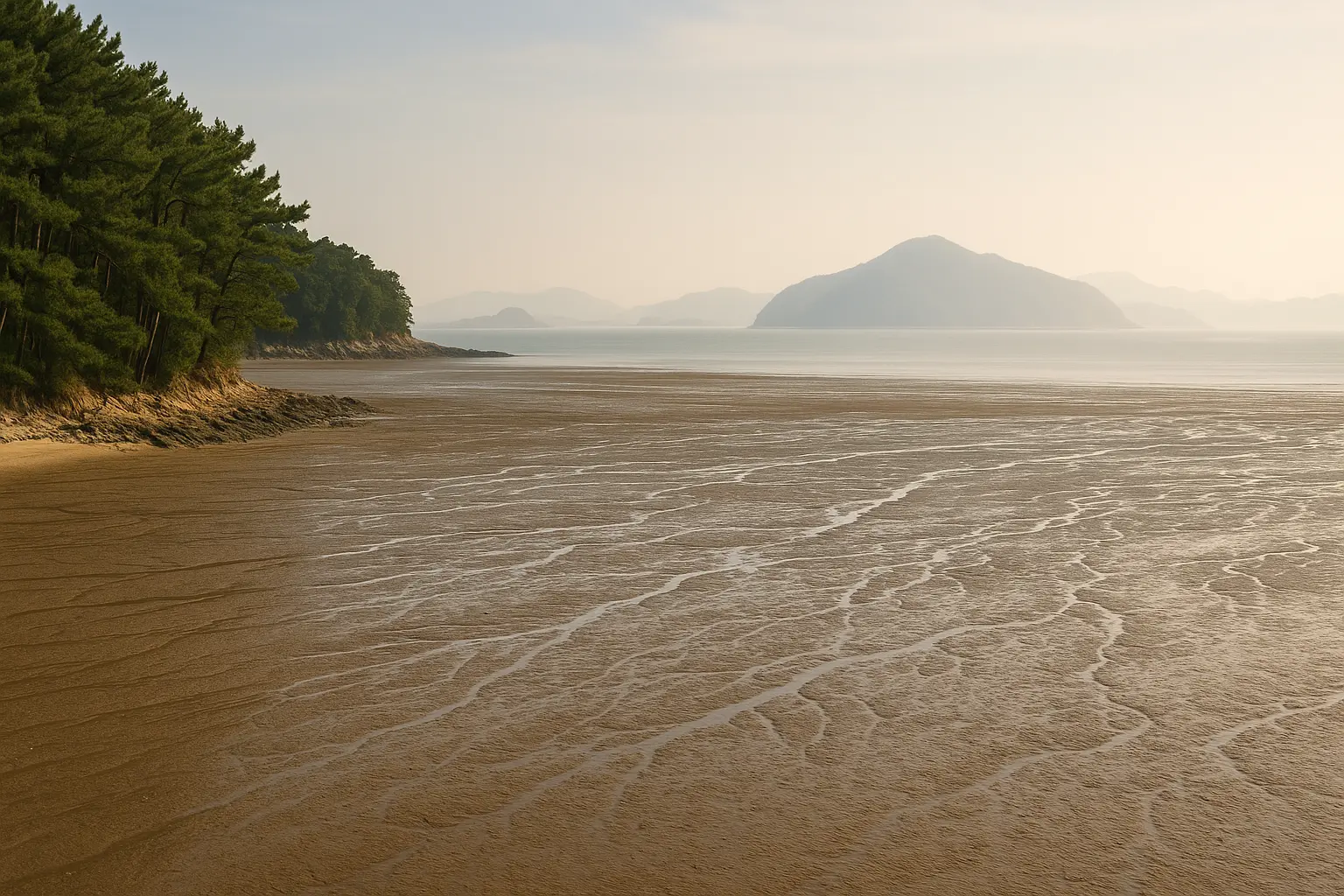 Dongmak Beach mudflat and pine-lined shore on Ganghwa Island