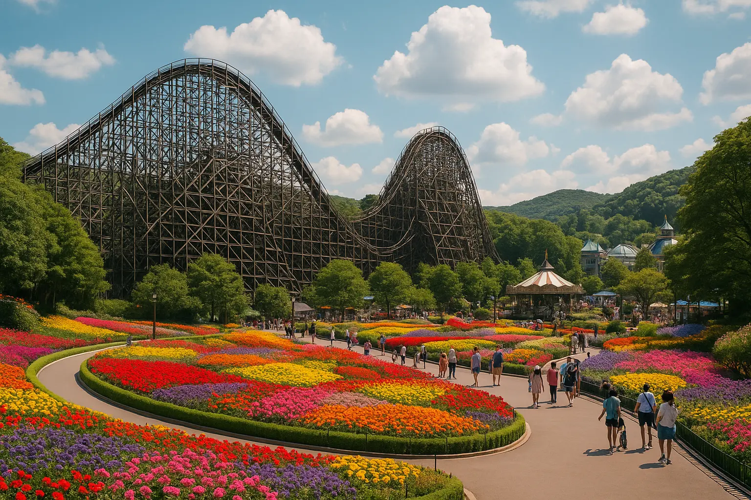 Everland roller coaster and colorful garden viewed on a clear day