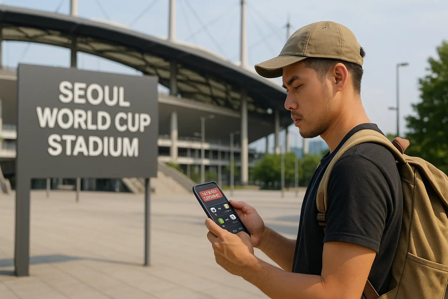 A traveler checking an FC Seoul fixture beside the stadium sign