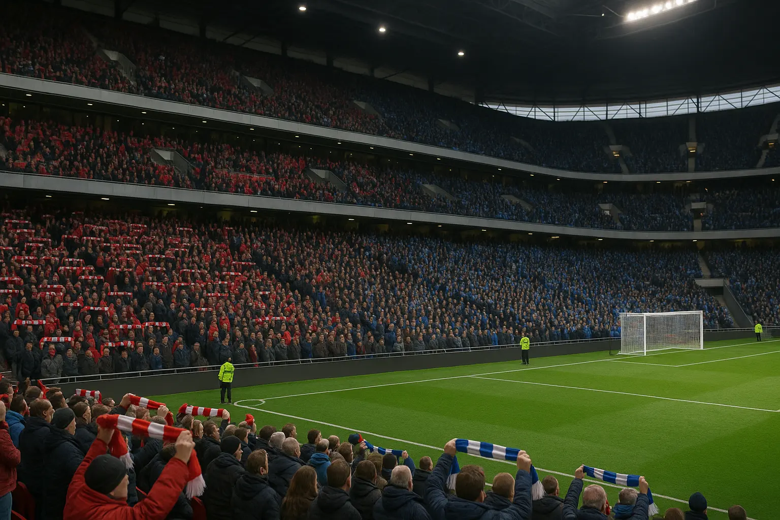 Home and away football scarves separated in a Seoul stadium