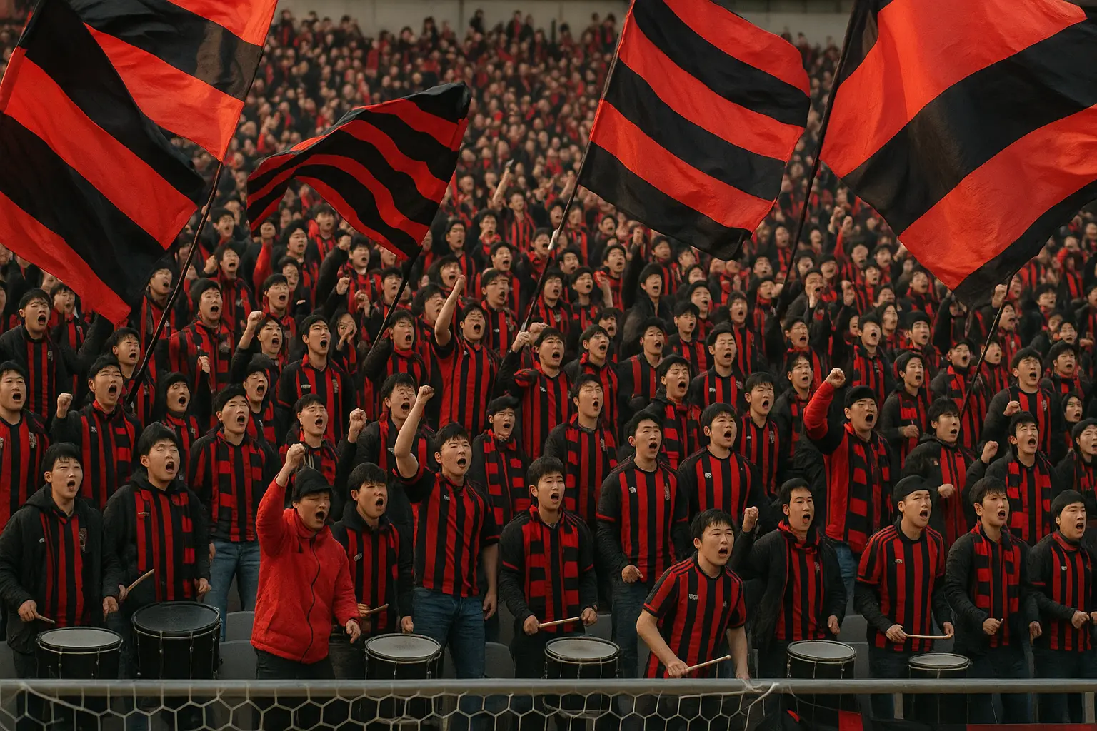 Red-and-black supporters singing behind the goal at an FC Seoul match