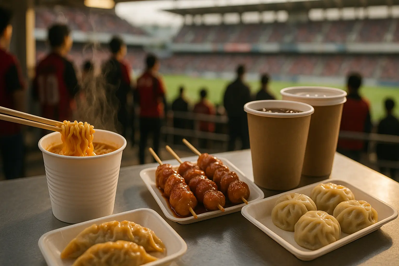 Korean stadium snacks and drinks on a concourse before kickoff