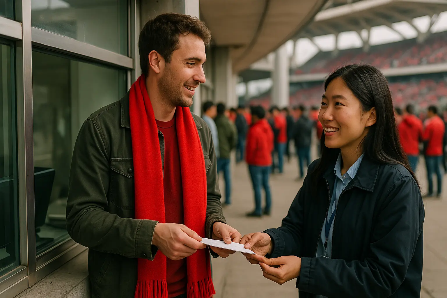 An international fan speaking with staff at a football ticket booth