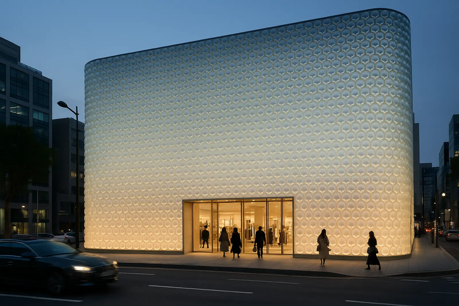 The Galleria Luxury Hall with its glass-disc facade glowing at dusk