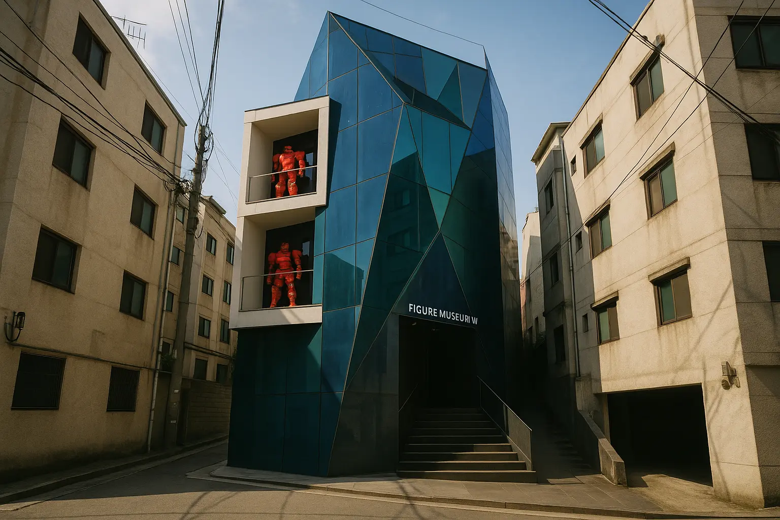 The blue angular exterior of Figure Museum W in Cheongdam, Seoul