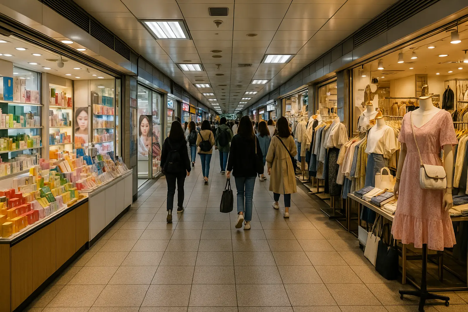 Cosmetics and fashion accessory shops in the Gangnam Station underground arcade