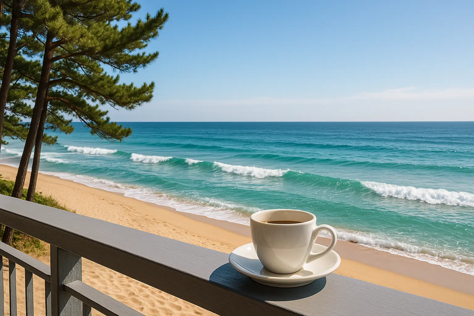 Gangneung beach, pine trees and a coffee overlooking the East Sea