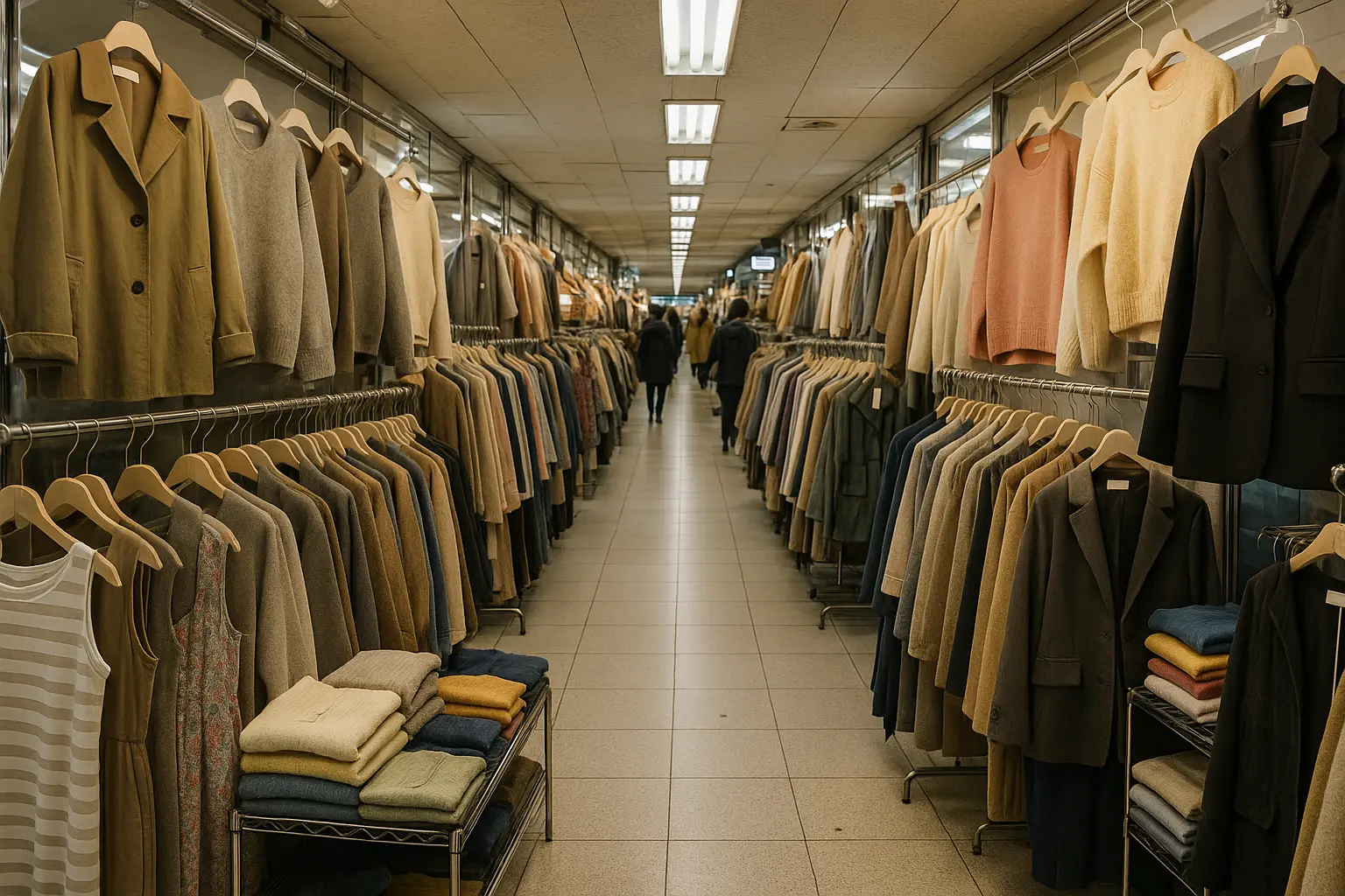 A traveler browsing clothing stalls at Goto Mall, seen from behind
