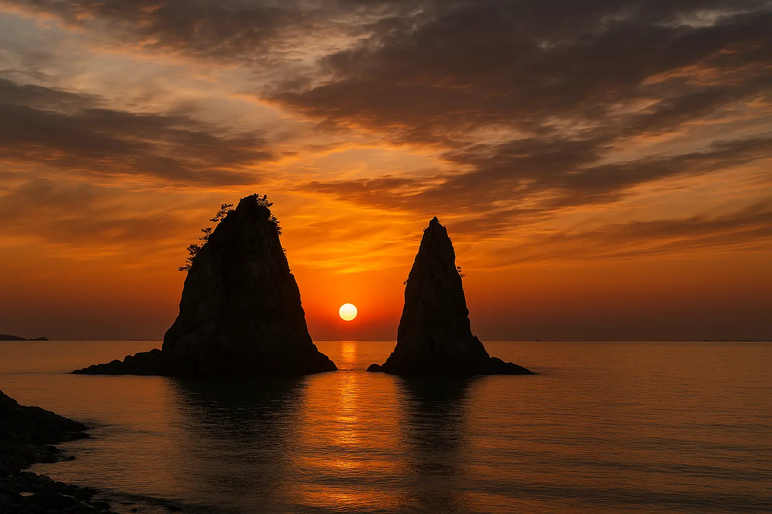 Orange sunset framed by coastal rocks at Gubongdo